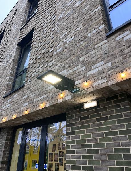 LED floodlight and festoon lighting on a commercial building frontage