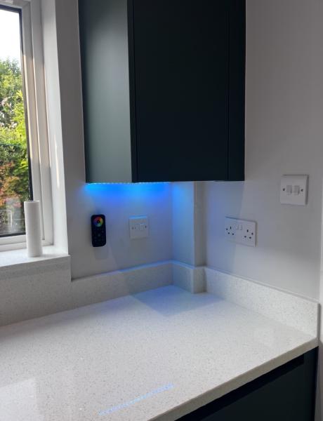 RGB LED under-cabinet lighting with touch remote and new kitchen sockets