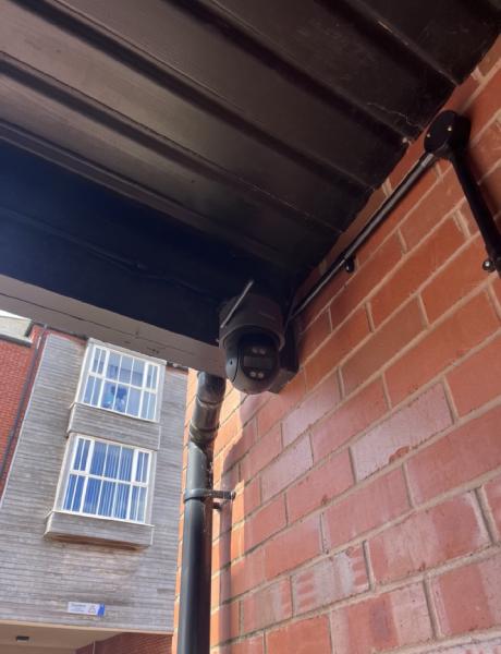 External CCTV camera mounted under the eaves of a house in Staffordshire